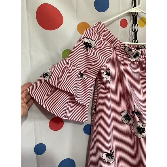 NWOT Ces Femme Size S Off The Shoulder Dress Pinstriped Floral - Picture 3 of 16